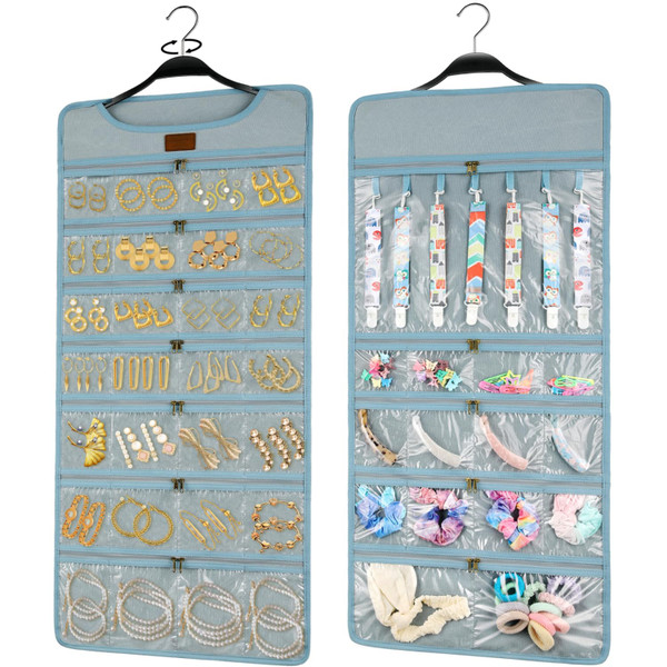 SMRITI Hanging Jewelry Organizer with Dual Zippered Pockets Canvas Double Sided Rotating Hanger Necklace Hanging Wall Organizer Earring Dustproof Holder Wall Mount Accessories Display Bag(Light Blue)