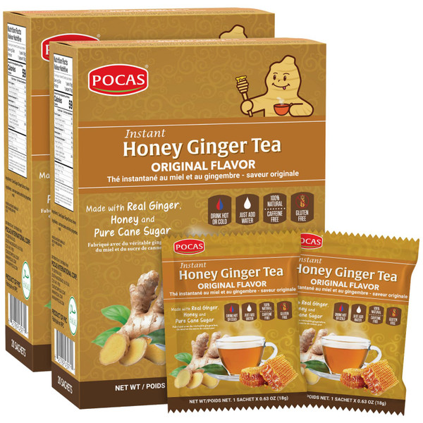 Pocas Honey Ginger Instant Tea Powder 2-Pack with Ginger Extract and Real Sweetener, Caffeine-Free Tea, 20 Packets per Box