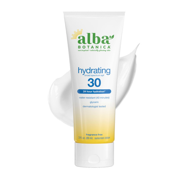 Alba Botanica Hydrating Sunscreen Lotion, SPF 30 Broad Spectrum Protection, 24 Hour Hydration, Water Resistant (40 minutes), Fragrance Free, Oxybenzone-Free, 3 Fl. Oz