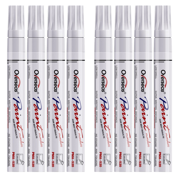 Overseas Paint Pens Paint Markers - White Permanent Markers 8 Pack, Oil Based Waterproof Quick Dry Medium Tip Marker Pen for Metal, Wood, Fabric, Plastic, Rock, Stone, Mugs, Canvas, Glass, Art Craft