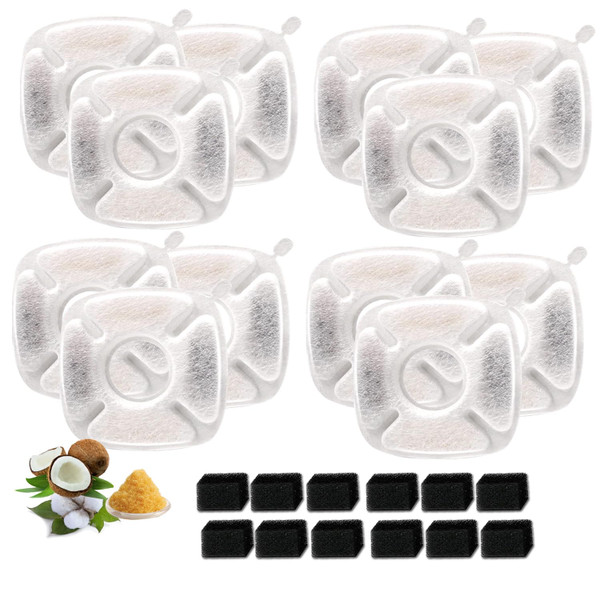 BRENSTEN 24 Count Pet Fountain Filters (12 Carbon + 12 Sponge) for Veken 95oz/2.8L Dog & Cat Water Fountain