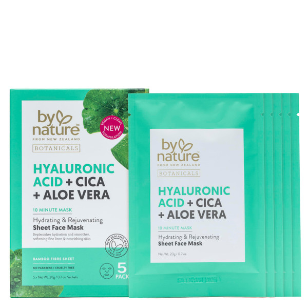 By Nature Face Mask with Hyaluronic Acid, Cica, and Aloe Vera - 5 Sheet Masks - Hydrating and Rejuvenating Skincare Set