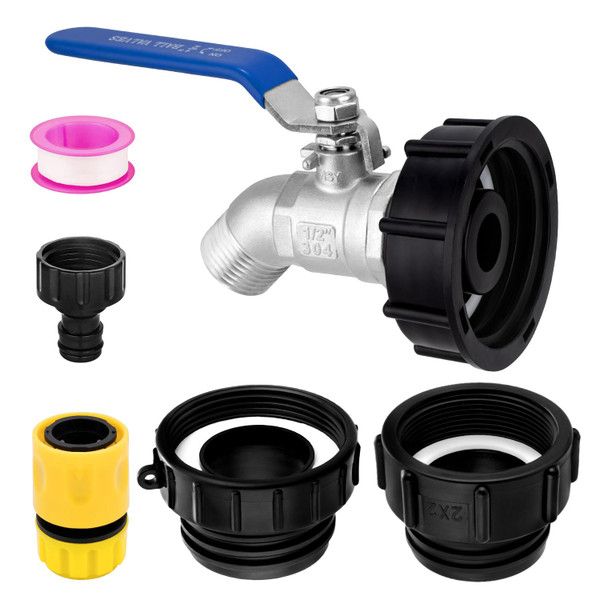 TianTianUp 3-Size IBC Tote Adapter Kit for 275–330 Gallon Water Tanks Hose Fittings, 2.44" Fine, 2" Fine and 2" Coarse Threads, 1/2" Male NPT × 3/4" Male GHT 304 Stainless Steel Garden Hose Faucet