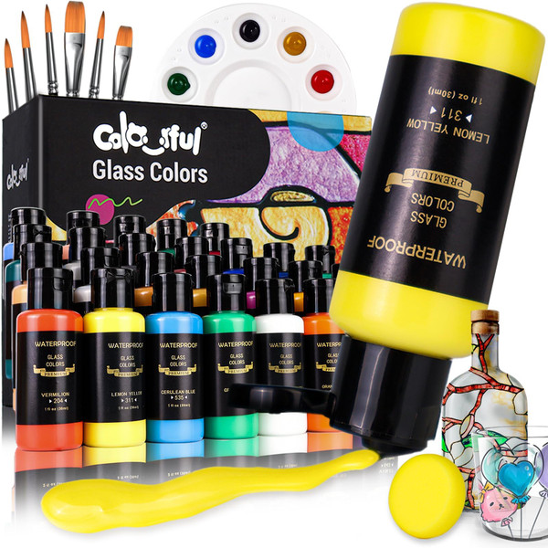 Colorful Stain Glass Paint Set with 6 Brushes, 1 Palette & 1 Sponge, 26 Colors Waterproof Permanent Glass Painting Kit for Arts on Wine Glasses,Bottle and Windows