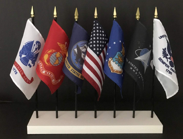 World Flags Direct UNITED STATES MILITARY FLAG SET with Solid White Stand--7 Rayon 4x6inch Flags, One Flag For Each Service; 4x6 Miniature Small Mini Desk Flags (Set with Space Force and no POWMIA)