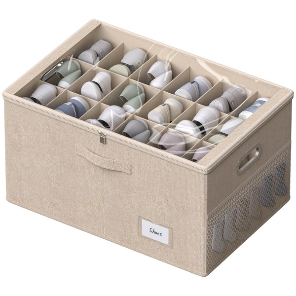 Shoe Organizer for Closet, Shoe Box Storage Containers Fit 18 Pairs Foldable Shoe Storage Bins with Clear Cover & Adjustable Dividers for Shoes Blankets Linen Clothing (Beige, (24.4*16.5*12.9)x1)