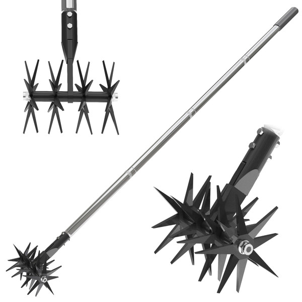 CKLT 66in Rotary Cultivator with Tempered Spring Steel Tines and Adjustable Stainless Steel Handle Manual Garden Tiller Tool for Loosening Soil Mixing Fertilizer
