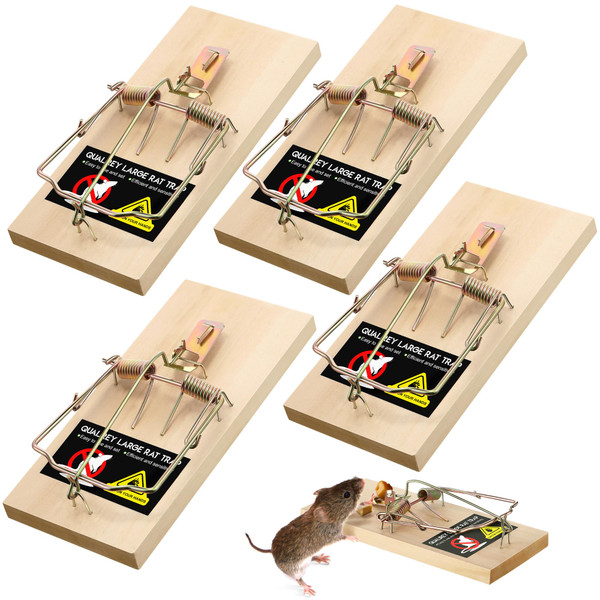 Qualirey 4 Pack Large Rat Traps, Reusable Wooden Mouse Traps with Heavy Duty Double Spring, Sturdy Wood Base, Trampa para Ratas Trap for Rats, Mice & Rodents, Indoor & Outdoor Use