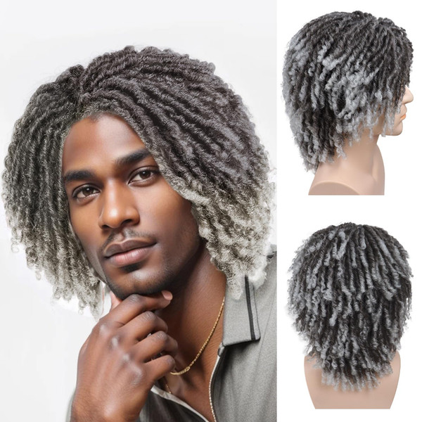 GNIMEGIL Gray Ombre Dreadlocks Wigs for Men Braided Wig Medium Length Afro Braids Hairstyle Fake Dreads Wig with Bangs in Synthetic Hair Graident Grey Color 14 inch