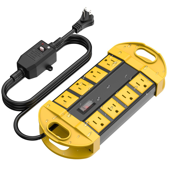 CCCEI GFCI Outdoor Power Strip Weatherproof with 8 AC, Waterproof Extension Cord with Multiple Outlets, Wall Mount Surge Protector Flat Plug, Christmas Exterior Garden, Yard, 6FT, Yellow.