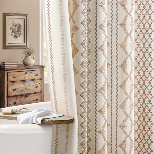 NDDYCU Boho Linen Shower Curtain for Bathroom with Striped Print,72" W x 84" L,Beige,Extra Long Size