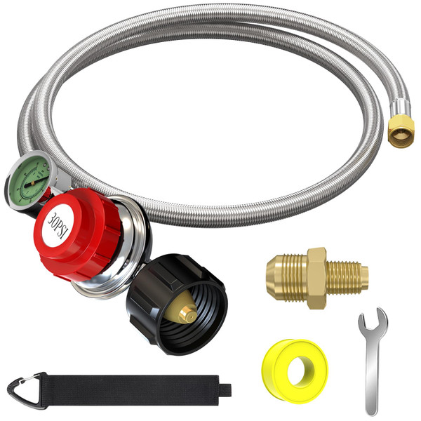 5FT 0-30 PSI Adjustable High Pressure Propane Regulator with Gauge 0~60PSI Gas Flow Indicator Stainless Propane QCC1 Hose with 3/8 Flare x 1/8 MNPT Fits for LP Gas Cooker, Burner, Turkey Fryer, Smoker