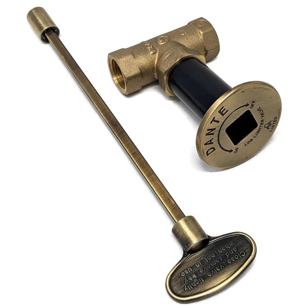 Fire Pit Gas Valve Kit | 1/2" NPT | CSA Certified Solid Brass Ball Valve, Antique Brass Flange & 8" Key | Natural Gas & Propane | Indoor/Outdoor