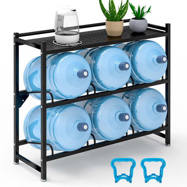 Eastrexon 5 Gallon Water Jug Holder Heavy Duty，3-Tier Water Jug Rack w/Top Shelf, Wall Mount Water Bottle Holder for 6 Bottles, Powder Coated Water Rack Stand for Home, Office, Restaurant, Gym.
