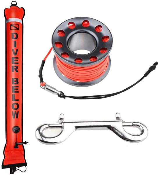 4ft Red Scuba Diving SMB, Open Bottom Surface Marker Buoy with Safety Sausage with 49ft Alloy Dive Reel and Double-Ended Bolt Clip for Underwater Sports-Gray