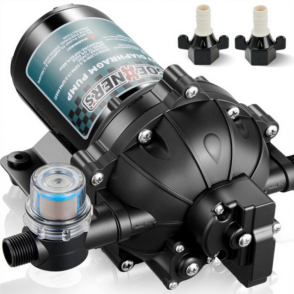 [Upgraded Version] 12V DC Fresh Water Pump, 6.5GPM 70PSI Five Chamber Self-Priming Diaphragm Pump with Heavy Duty Pressure Switch and Strainer for RV, Marine, Caravan