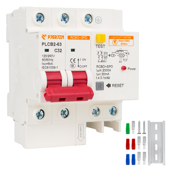 PJERJZN 20 Amp 2-Pole Ground Fault Circuit Breaker with Surge Protection, Type C 120V-240VAC, DIN Rail Mount, Residual Current Protection for Home and Industrial (20 Amp)