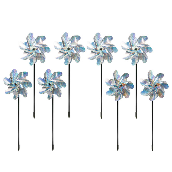 BIRD BLINDER 8-Pack Bird Deterrents for Outside - Reflective Pin Wheels for Garden and Yard - 7 x 19 in Holographic Windmills for The Yard Garden - Durable Outdoor Bird Deterrent Spinners - Silver