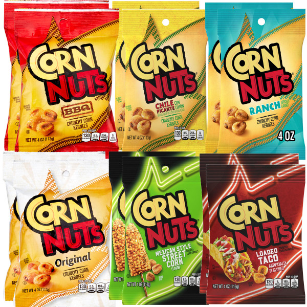 Crunchy Corn Nuts Variety Pack, 4 Ounce Bags Each (Pack of 12), 6 Flavors - Original, Loaded Taco, Ranch, Chile Picante, BBQ & Mexican Street Corn