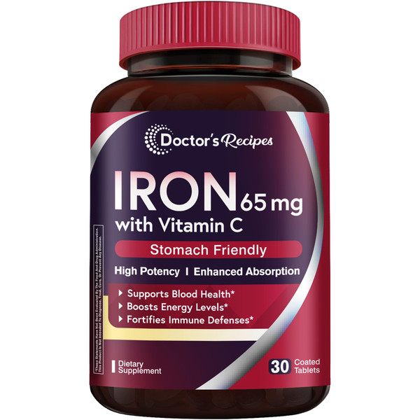 Doctor's Recipes Iron Supplement 65 mg with Vitamin C - Maximized Absorption & Stomach Friendly Iron Pills for Red Blood Cells Formation, Heart, Brain & Immunity Health - Vegan Non-GMO 30 Iron Tablets
