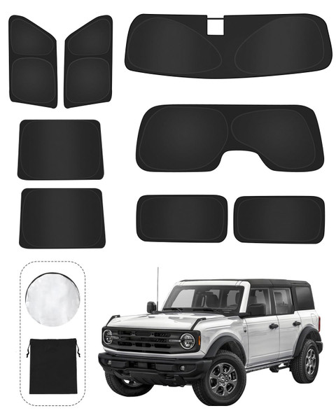 8PCS Window Shades for Ford Bronco(2021-2025) Accessories – Full Coverage Sun Shade for Side Windows, Rear Triangular & Windshield – UV Protection & Privacy for Camping, Napping, Relaxing