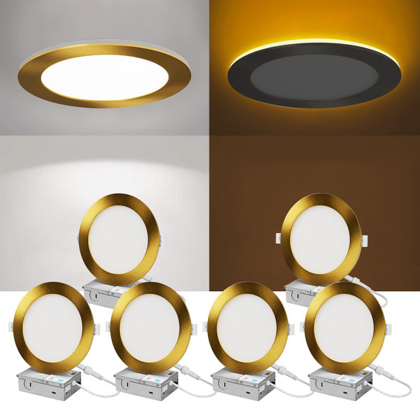 ZYC Recessed Lighting 6 Inch - 12W 1100LM LED Recessed Ceiling Light with Night Light,2700K/3000K/4000K/5000K/6000K Selectable Ultra-Thin Lighting,Dimmable Canless Wafer Downlight,Pack of 6（Gold）.