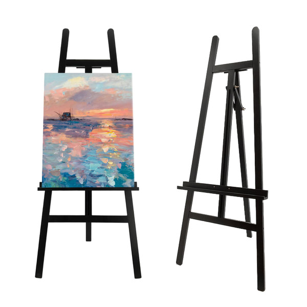 Stuelloaf Large A-Frame Wooden Painting Display Black Easel, Large Adjustable Pine Wood Standing Easel Holding Canvas Up to 60'', Solid Wood for Display, Wedding Sign or Painting-Black