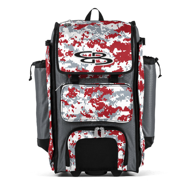 Boombah Rolling Catchers Superpack Baseball/Softball Gear Bag - PS-9124-3000C23 Digital Camo Gray/Red- Telescopic Handle and Holds 4 Bats - Wheeled Version