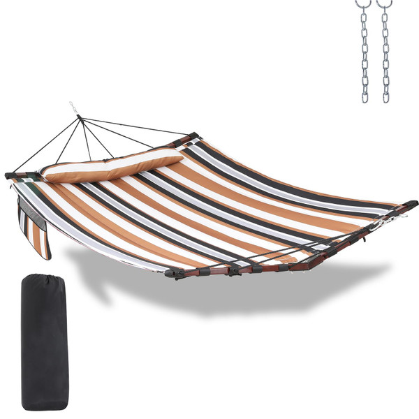 TegerDeger 12FT 2 Person Hammock Large Hammock 450LB Capacity with V Shaped Hardwood Spreader Bar & Nylon Rope for Outside, Patio, Garden, Backyard, Beach, Poolside - Coffee Stripes