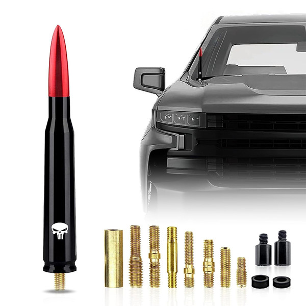 gunhunt 1 PC Car Bullet Antenna, Skull Pattern Antenna Mast, Heavy Duty Pickup Trucks Accessories Fit for Chevy Silverado 1500 2500 3500 HD Avalanche GMC Sierra 1500 2500 3500 Denali (Red)