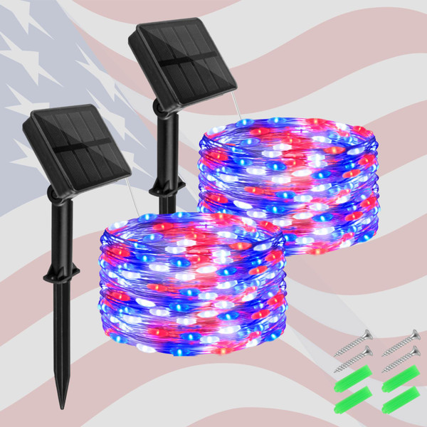 cshare Red White and Blue Solar Fairy Lights, 4th of July Lights Waterproof Outdoor 16.4ft 50LED 8 Modes Memory Function Independence Day Memorial Day Decorations