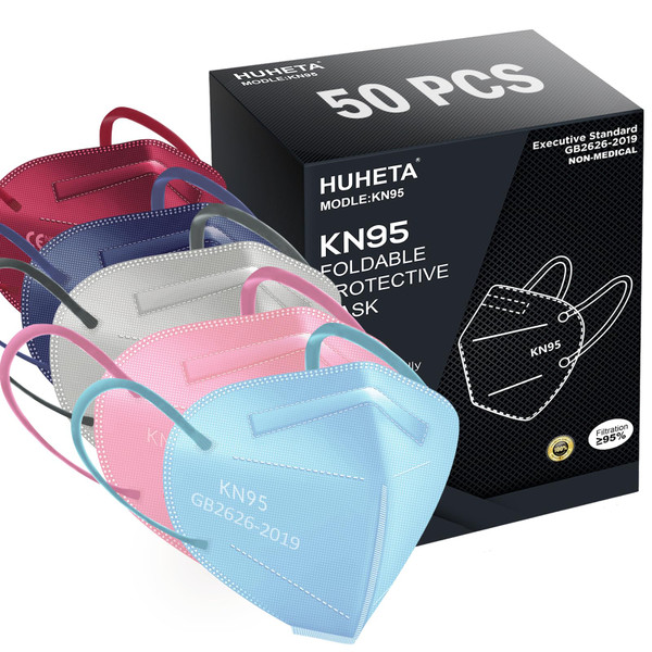 HUHETA KN95 Face Masks for Adults, 50 Packs KN95 Mask, 5-Layer Breathable and Comfortable Safety Mask, Filter Efficiency≥95%, Multi Color