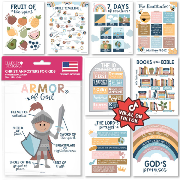 Hadley Designs Sunday School Decorations for Classroom – 9 Bible Posters for Kids, 11x14in Books of the Bible Poster, 10 Commandments, Fruits of the Spirit & More – Boho Christian Classroom Decor Hadley Designs Sunday School Decorations for Classroom – 9 Bible Posters for Kids, 11x14in Books of the Bible Poster, 10 Commandments, Fruits of the Spirit & More – Boho Christian Classroom Decor