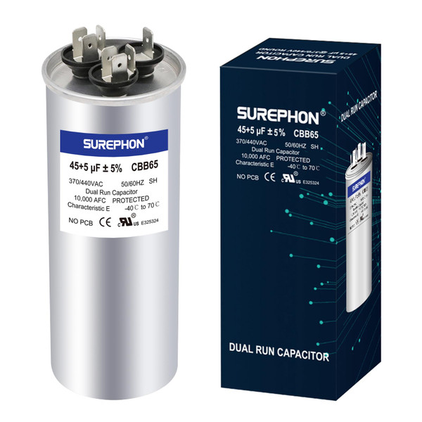 SUREPHON 45+5 uF 45/5 MFD ±5% 370V/440VAC Dual Run Start Capacitor CBB65B Works for AC Unit Fan Motor Start or Heat Pump or Condenser Straight Cool