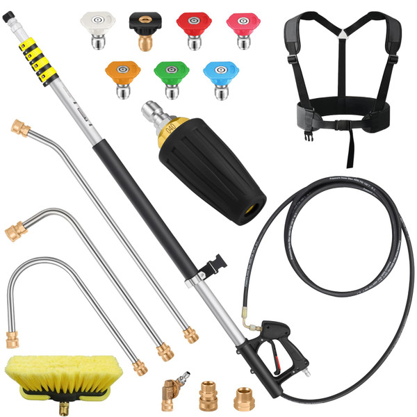 24 FT Telescoping Pressure Washer Extension Wand, Aluminum Power Washer Extension Wand, Solar Panel Cleaner Pole with Turbo Nozzle, Brush Head, 7 Nozzle Tips, 3 Adapters & Harness