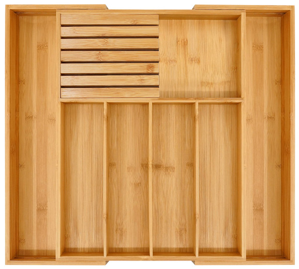 VaeFae Bamboo Silverware Drawer Organizer Kitchen, Expandable Utensil Organizer with Knife Block, Cutlery Tray with Divider, Multifunctional Drawer Organizer