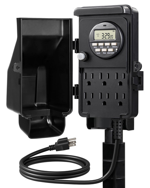 DEWENWILS Outdoor Digital Power Strip Timer, Multi Sockets, Waterproof 6 Outlets Garden Power Stake, 6ft Cord, Digital Timer for Lights, Yard, Garden, 15A Heavy Duty