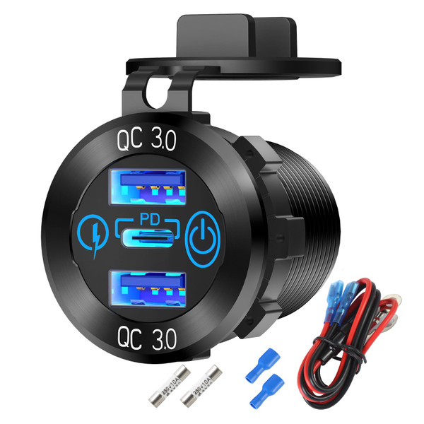 12V USB Aluminum Car Charger Socket PD 3.0 Type C and Dual Quick Charge 3.0 USB Port Multiple Waterproof 12V/24V USB Outlet with Touch Switch Fuse Wire Kit for Car Boat Marine RV Motorcycle, etc.