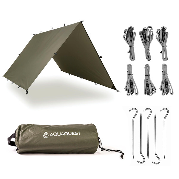 AquaQuest Defender Tarp – Heavy‑Duty Waterproof (20,000 mm) Seam‑Taped Rain Fly for Camping, Bushcraft & Survival – 10×7 Olive Drab Kit