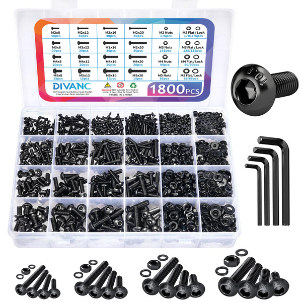 1800PCS Metric Screw Assortment, Metric Bolt Assortment Kit M2 M3 M4 M5 Machine Screws with Lock & Flat Washers, Grade 10.9 Alloy Steel Hex Socket Button Head Black Screws Nuts and Bolts Kit (Black)
