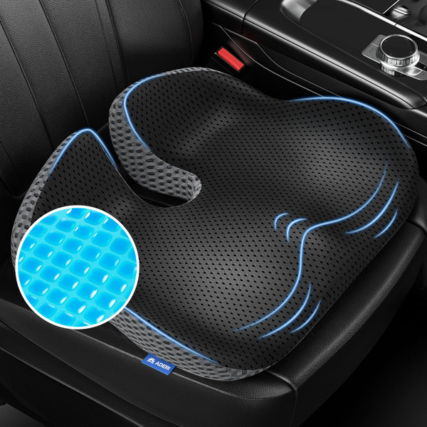 ADERI Gel Wedge Car Seat Cushion for Driving Relieves Tailbone Pain, Composite Gel Memory Foam for Cool & Support Comfort, Ergonomic Car Seat Pillow, Elevated Back for Wider Vision, Anti-Slip Design