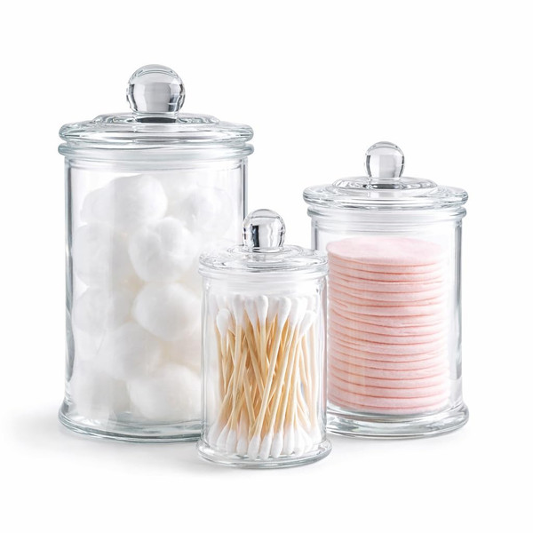KMWARES 3PCs Set Small Mini Clear Glass Premium Quality Apothecary Jars/Bathroom Storage/Vanity Organizer Canisters for Cotton Balls/Swabs, Makeup Sponges, Bath Salts, Q-Tips (3Jar)