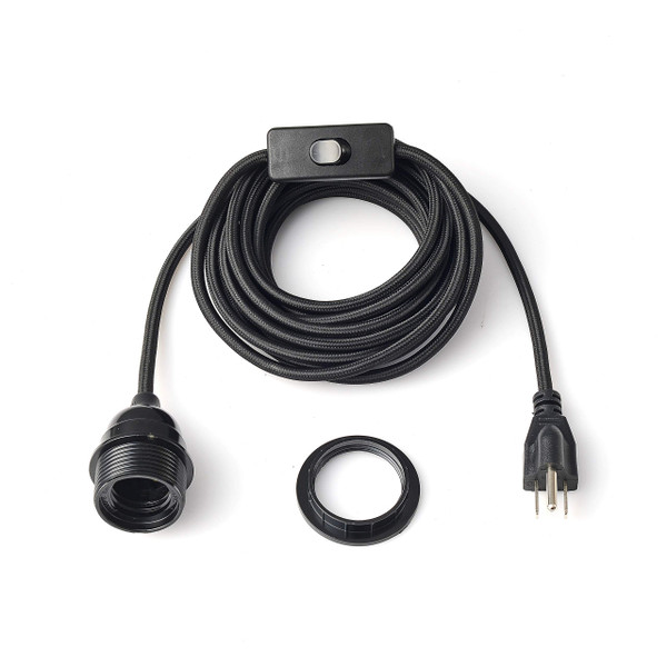 BRIGHTTIA Black Plug-in Swag Pendant Light Fixture - Lamp Shade Ready Hanging E26 Threaded Socket with 15 Feet Cord Set and in-Line Switch - Industrial Vintage DIY Lighting (BP0021-1KP)