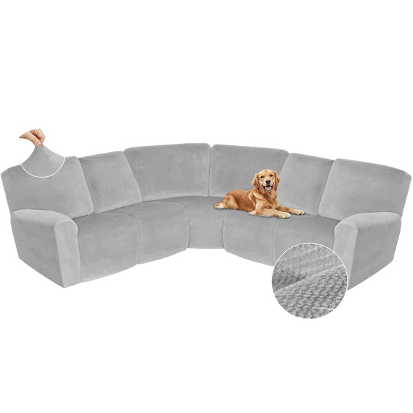 Arfntevss Sectional Recliner Couch Covers Velvet Corner Sectional Sofa Cover for Reclining Couch Stretch Soft L Shape Recliner Slipcover Thick U Shaped Washable Protector (5 Seat Cover, Silvery Gray)