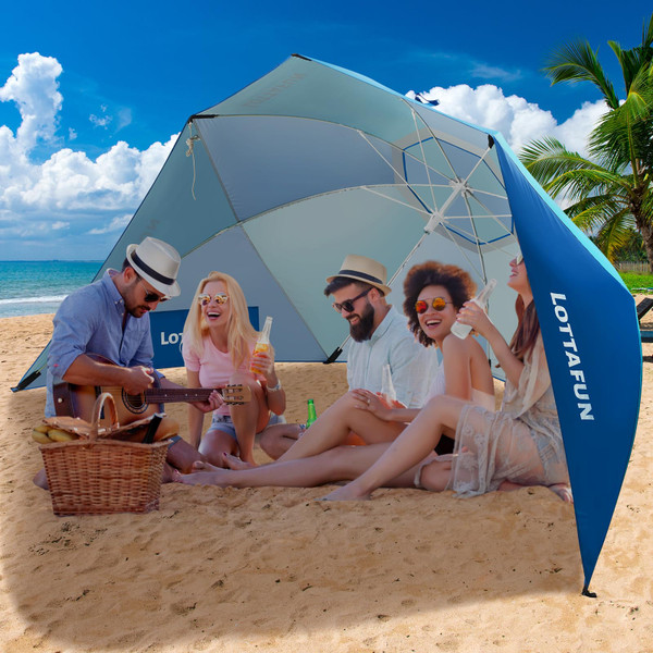 LOTTAFUN Beach Shelter Umbrella Premiere UPF 50+ Umbrella Shelter for Sun and Rain Protection for Adult (10-Foot, Blue Green) NO Tilt