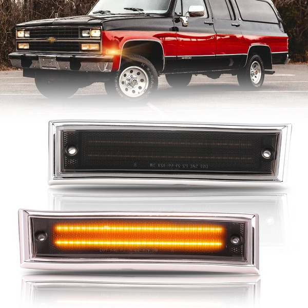 OFFKAT Front Fender LED Side Marker Lights for 1981-1991 Chevy C10 C20 C30 GMC C1500 C2500 Suburban Blazer Jimmy, Smoked Lens Side Bumper Marker Lamps, Amber LED Side Markers Turn Signal Light, 2 PCS