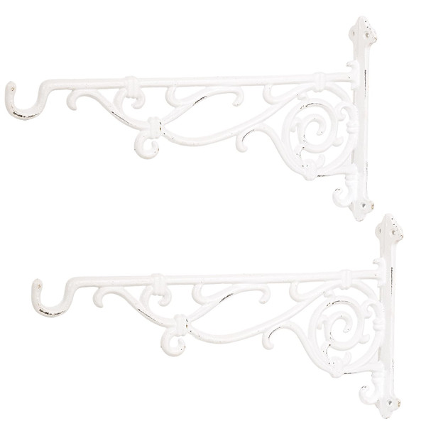 Sungmor Cast Iron Hanging Plant Bracket, 16.5" Large Outdoor Wall Plant Hangers, 2pcs White Heavy Duty Hanging Basket Hooks, Decorative Hooks for Flower Pot, Lantern, Wind Chime, Hummingbird Feeder