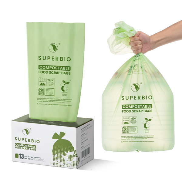 SUPERBIO 13 Gallon Compostable Kitchen Waste Bags, 50 Count, 1 Pack, Flat top Food Scrap bags, Certified by BPI and OK compost INDUSTRIAL, 49.2L, 0.87 Mil SUPERBIO 13 Gallon Compostable Kitchen Waste Bags, 50 Count, 1 Pack, Flat top Food Scrap bags, Certified by BPI and OK compost INDUSTRIAL, 49.2L, 0.87 Mil