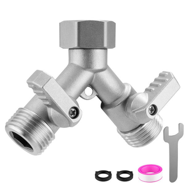 Kruuvax Garden Hose Splitter 2 Way Heavy Duty, 304 Stainless Steel 2Way Hose Splitter, 3/4'' GHT Water Hose Splitter 2 Way, Full Flow Garden Hose Y Splitter(All Components are Stainless Steel)