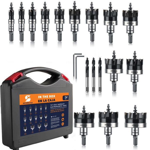 Carbide Hole Saw Kit for Metal TCT Hole Saw Drill Bit Set Hole Cutter Kit for Stainless Steel 14PCS(9/16" to 2-1/8")